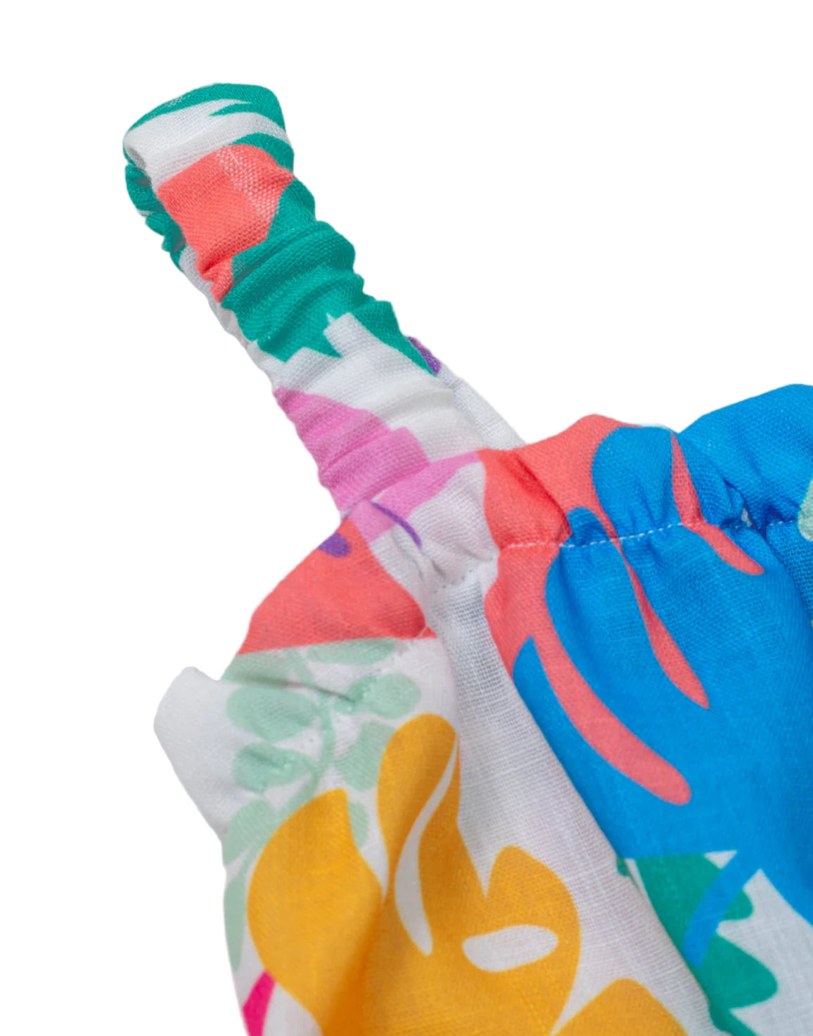 Short romper with colorful leaves and ribbon at the waist