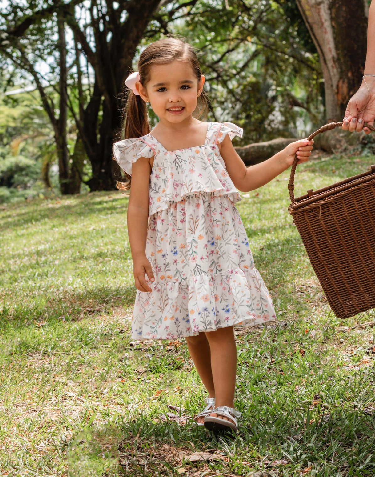 Floral print linen dress with boleros and buttons on the back for girls