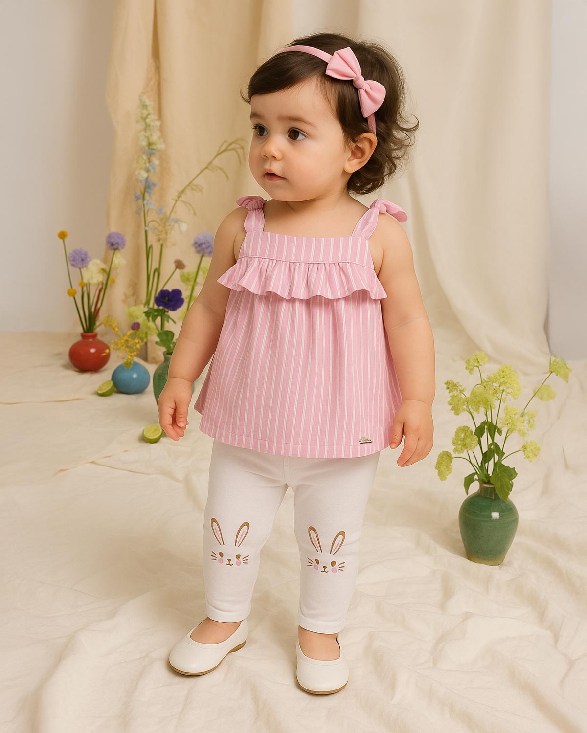 Pink blouse set with striped sleeveless tank and white bunny leggings for baby girl