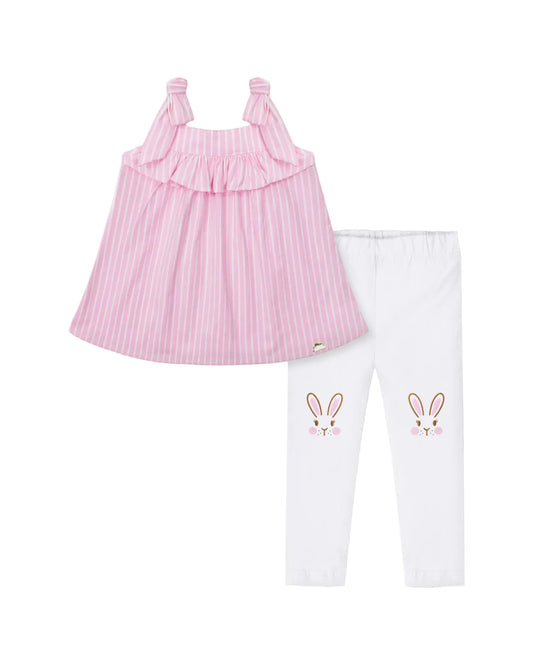 Pink blouse set with striped sleeveless tank and white bunny leggings for baby girl