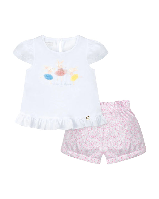 White blouse with ballerina rabbits and delicate floral shorts