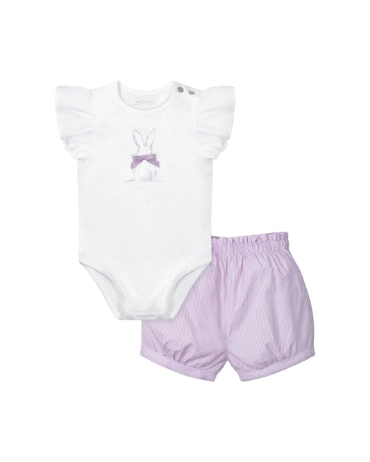 2-piece bunny set with ruffled sleeve top and purple striped shorts