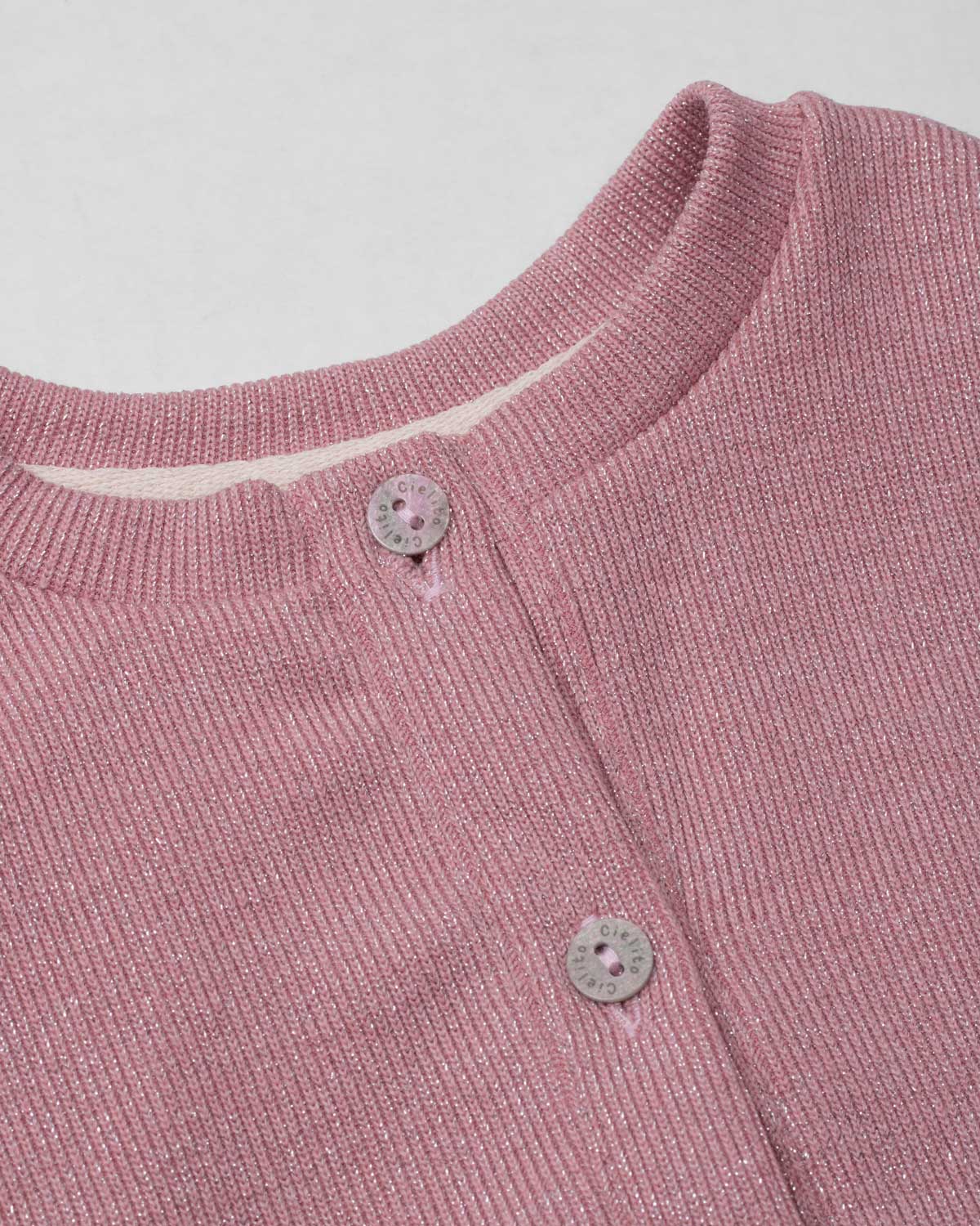 Rose pink cardigan with ruffle and shimmer