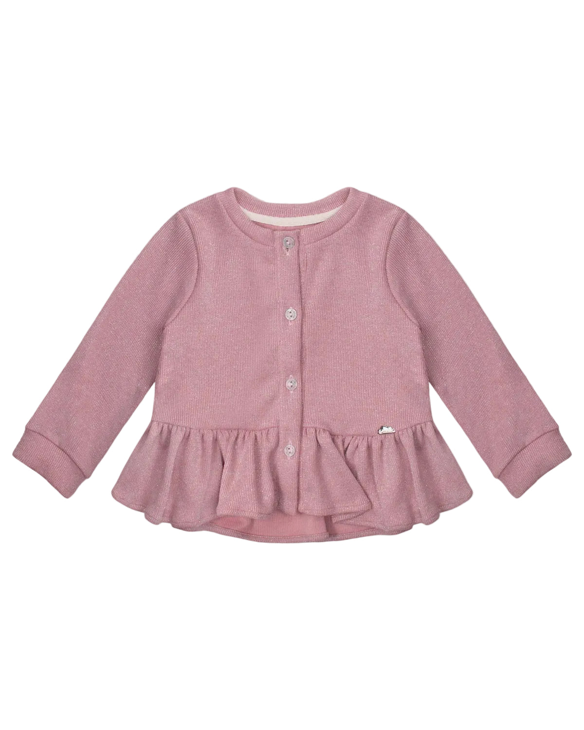 Rose pink cardigan with ruffle and shimmer