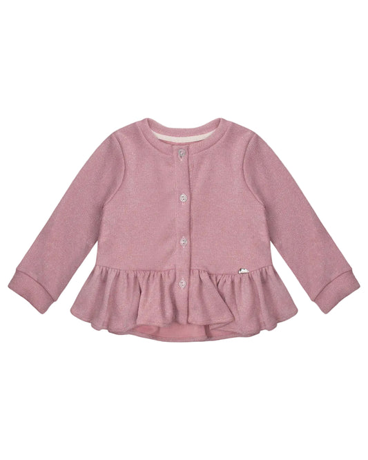 Rose pink cardigan with ruffle and shimmer