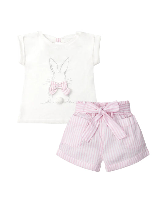 2-piece set with white bunny top and rose striped shorts