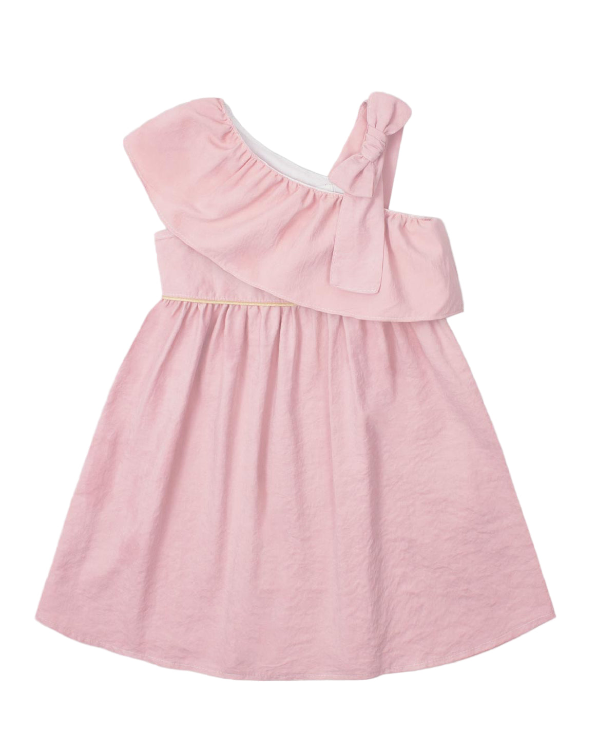 Pink dress with a wrap bolero, bow detail strap, and side button fastening for girls