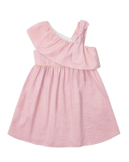 Pink dress with a wrap bolero, bow detail strap, and side button fastening for girls