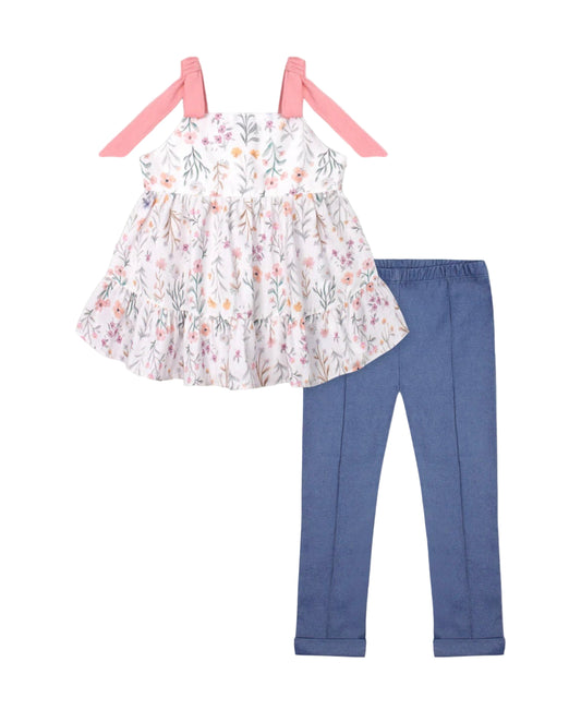 Linen blouse set with floral print, pink straps with bow and blue leggings for girls