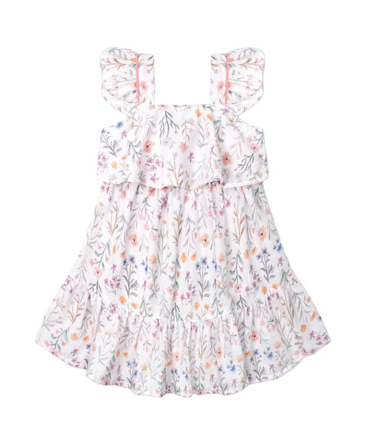 Floral print linen dress with boleros and buttons on the back for girls