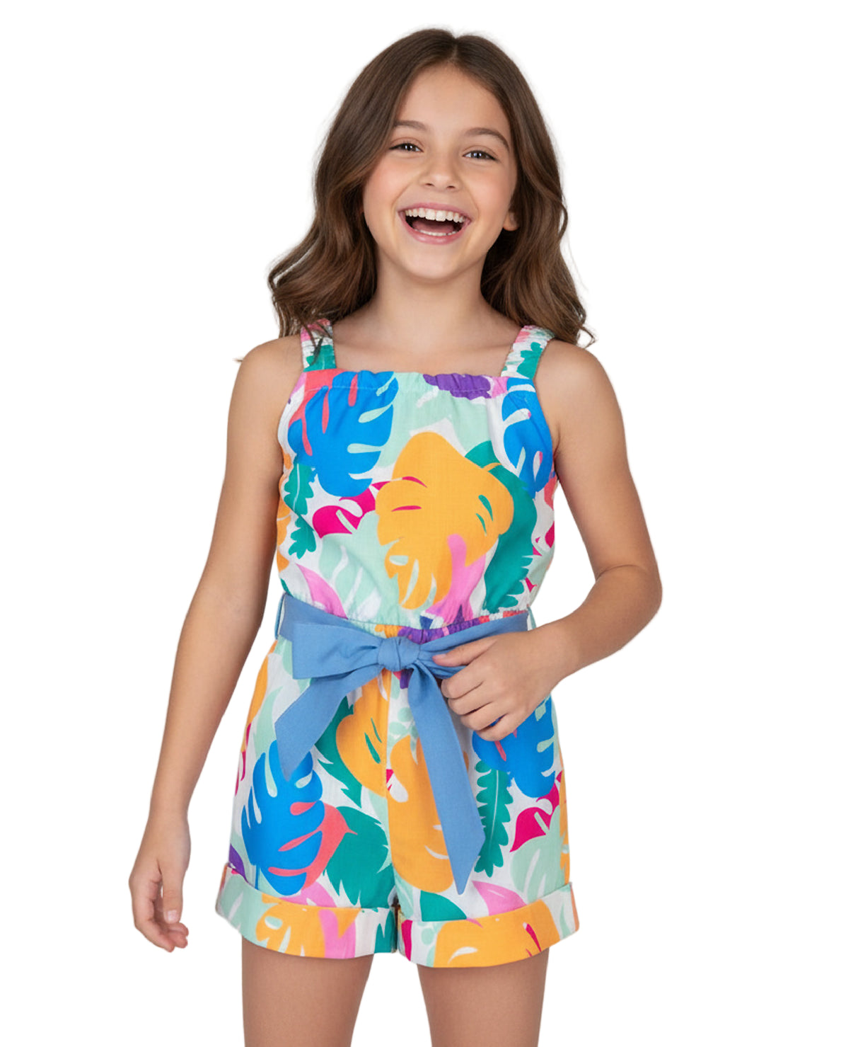 Short romper with colorful leaves and ribbon at the waist