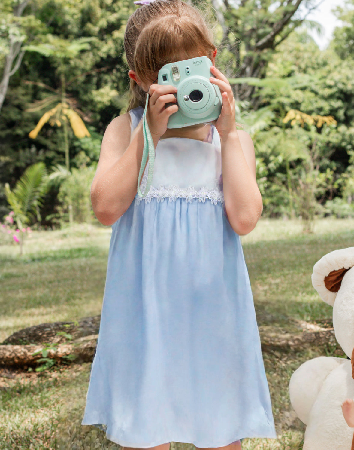 Lienzo white and blue sleeveless dress with flower trim