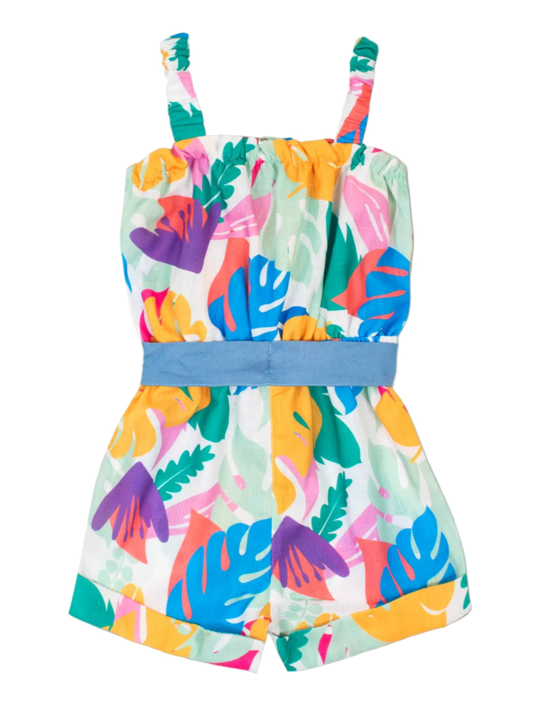Short romper with colorful leaves and ribbon at the waist