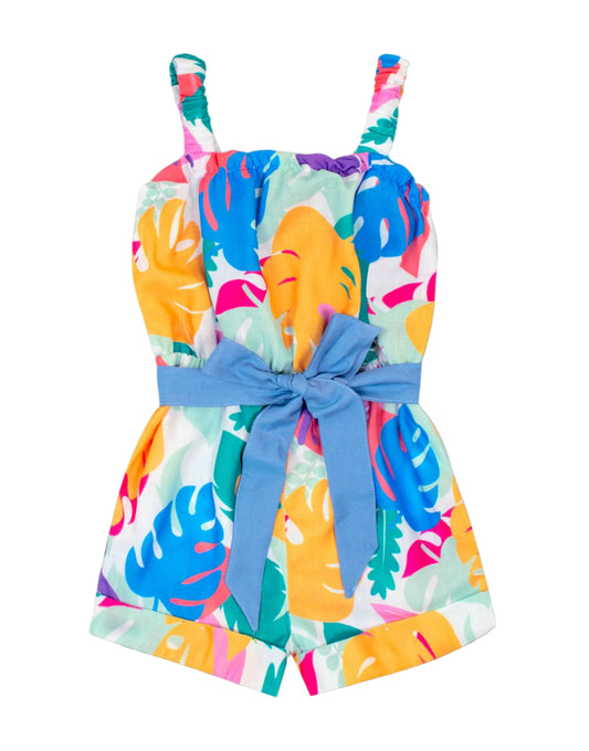 Short romper with colorful leaves and ribbon at the waist