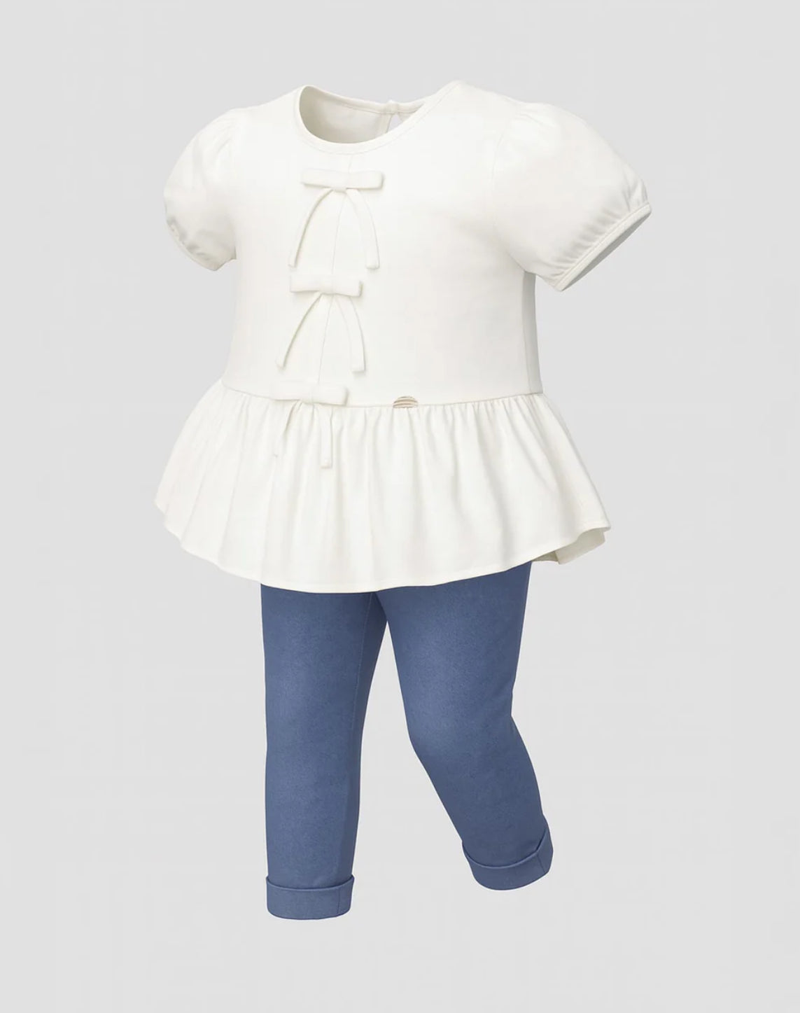 White blouse set with bow detail, finished with a bolero and blue leggings for girls