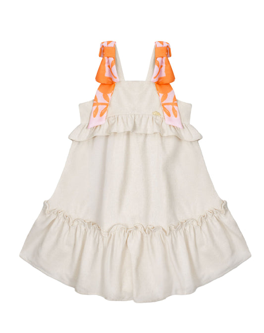 Bolero sleeveless linen dress with colorful straps, bows and lots of flare