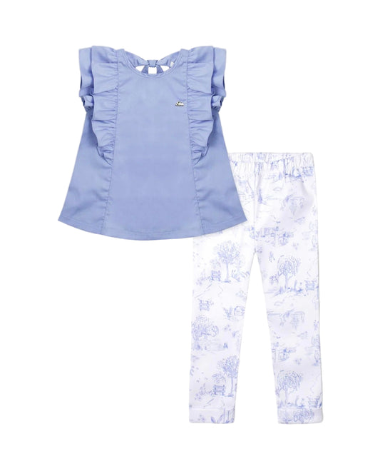 Blue short-sleeved blouse set with boleros and printed leggings for girls